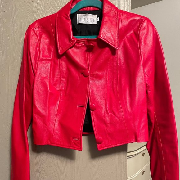 Like New USA MADE S Genuine Leather Cropped La ROXX Collared Jacket Buttoned RED - Picture 2 of 5